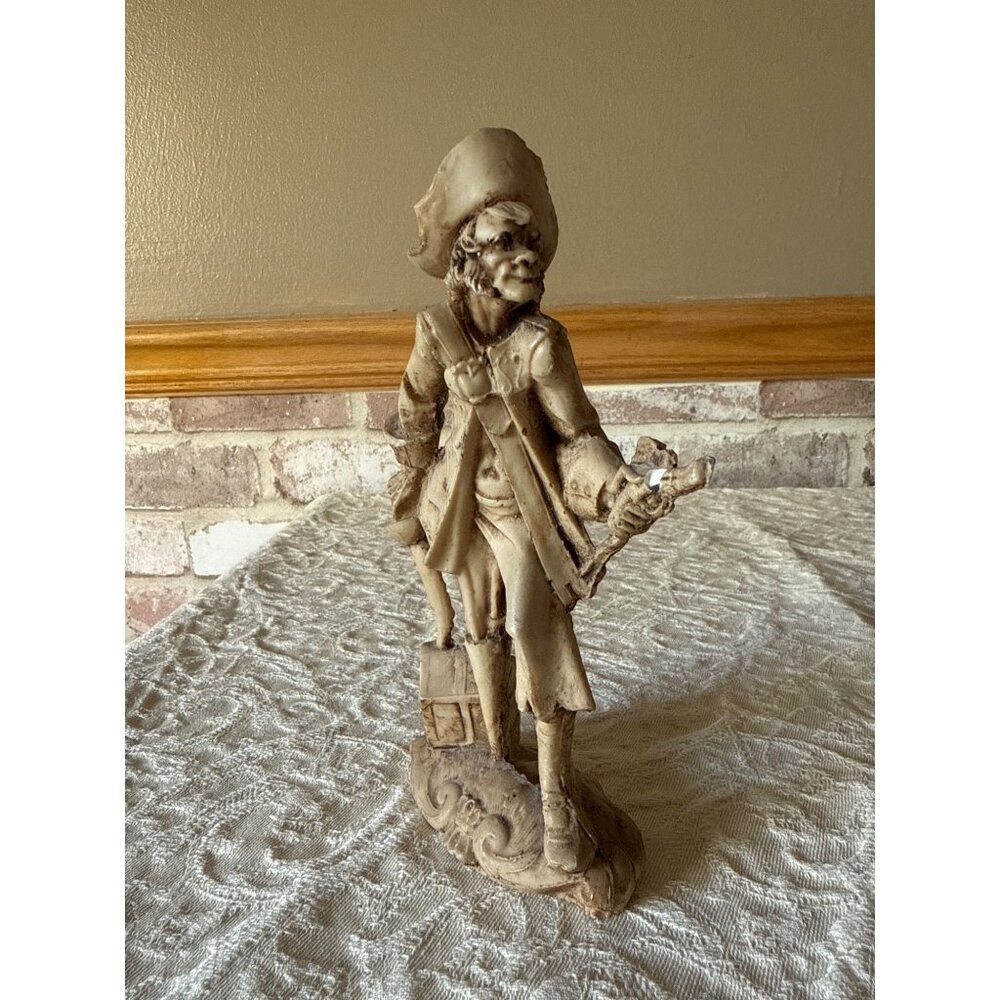 Vintage Pirate Figurine With Treasure Chest & Pistol Hand-Carved Resin